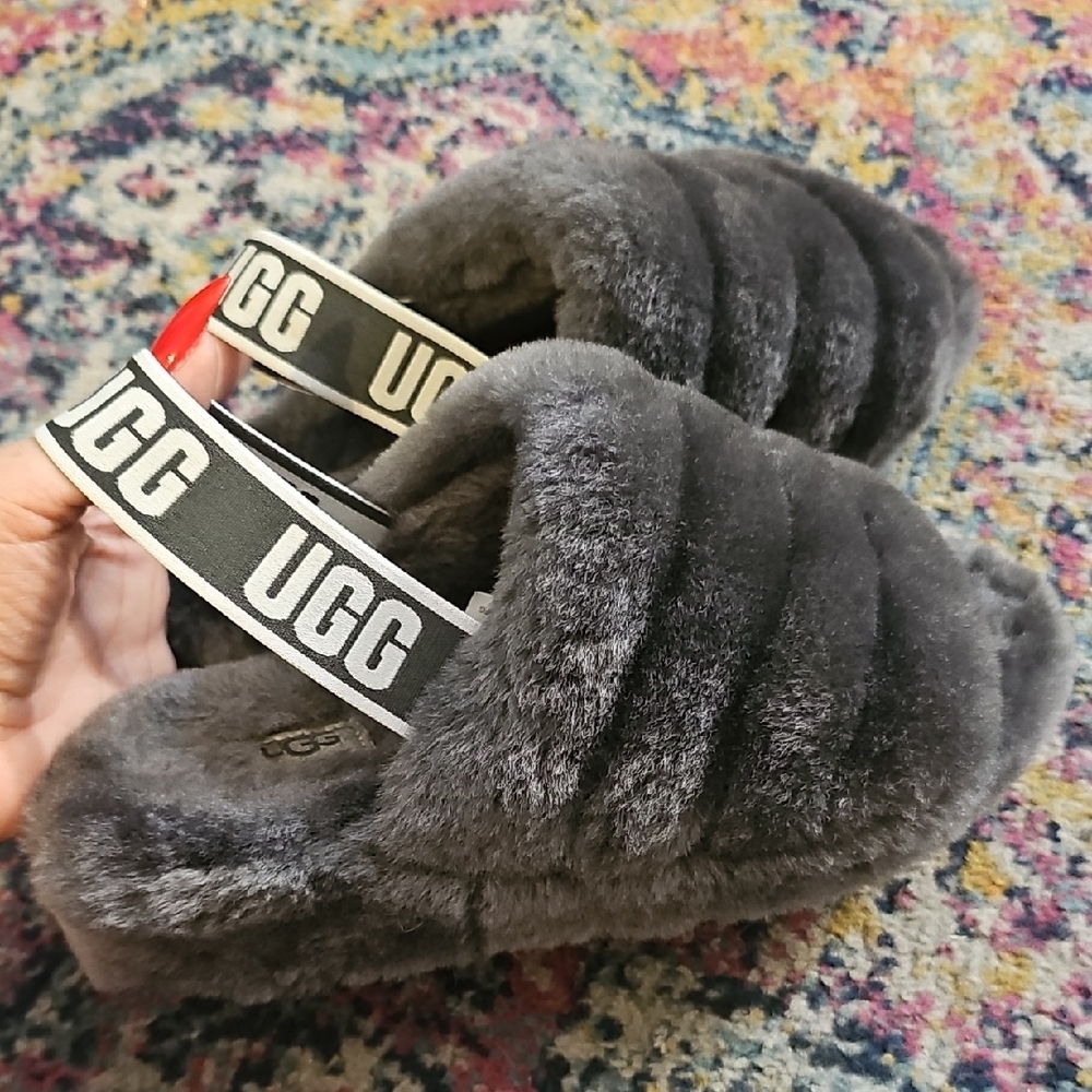 UGG Charcoal Fluffy Slide Slippers
